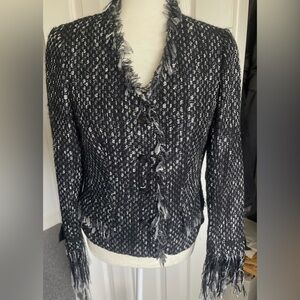 Ribbon-Trim Fringed Tweed Jacket